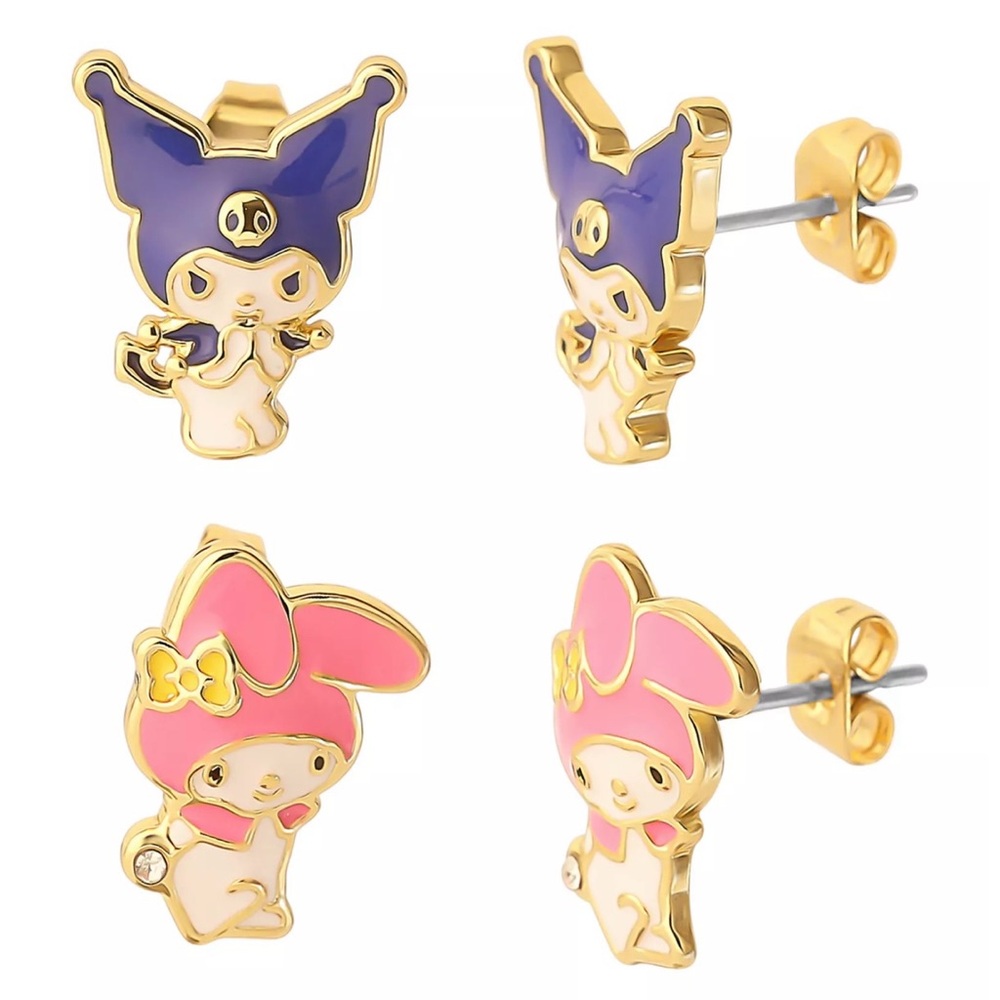 NWT! SANRIO 18K Gold flash plated Kuromi and My Melody cute stud earrings.